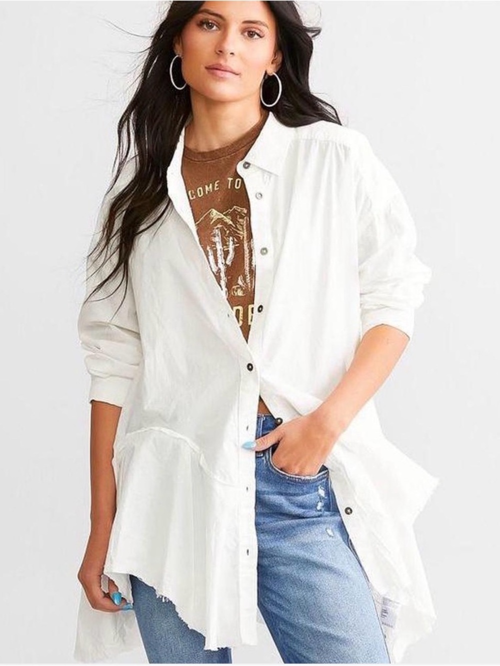 *Read - We The Free Freya Poplin Tunic Oversized Ruffle-Hem Button-Down Shirt XL
